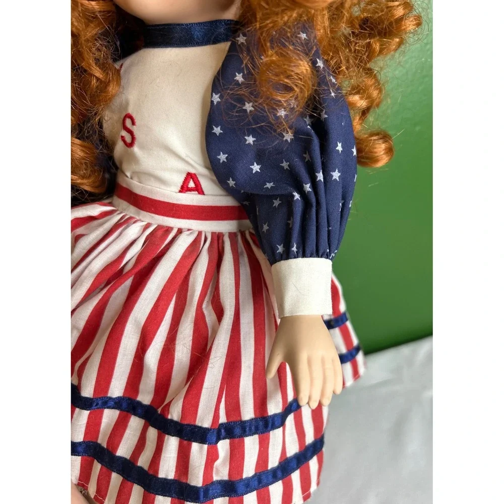 Vintage Porcelain Doll Patriotic USA Americana Red White Blue Auburn Hair 12in